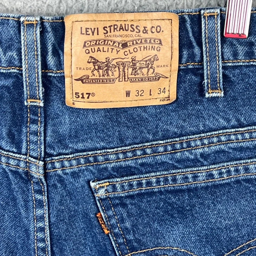 Vintage Levis 517 Orange Tab Jeans 32x34 Blue Bootcut Denim Made in USA Mens